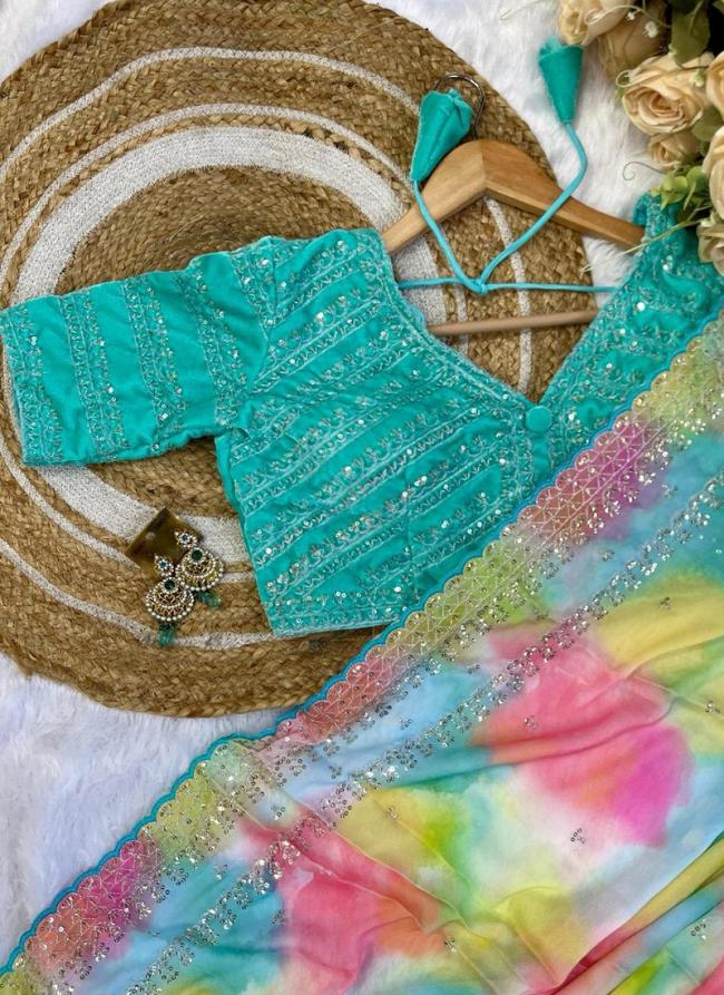 Rangoli Silk Teal Party Wear Embroidery Work Saree